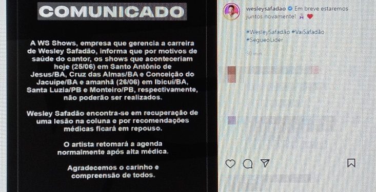 Wesley Safadão cancela shows em Santa Luzia e Monteiro