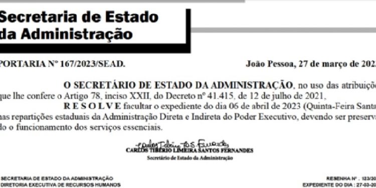 Repartições estaduais terão ponto facultativo na quinta-feira, dia 6 de abril