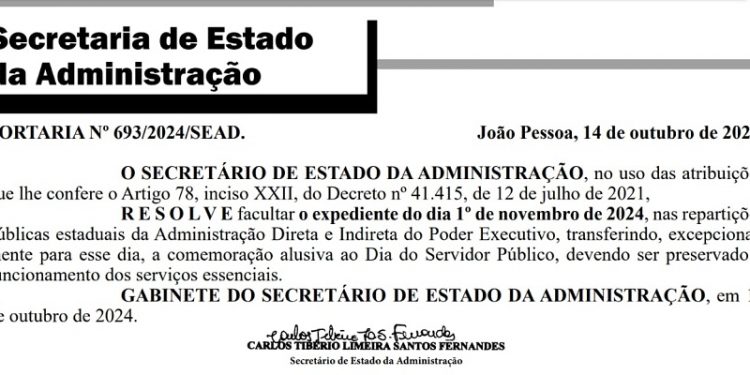 Servidores do Estado da Paraíba terão ponto facultativo no dia 1º de novembro